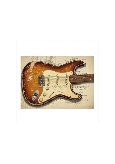 Vintage Elektro Gitar Çizimi Desenli Mdf Tablo