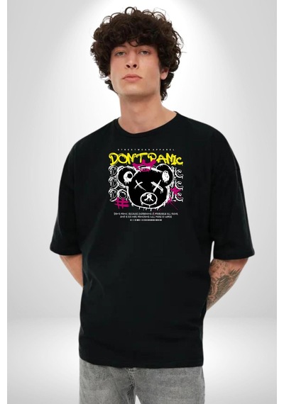 Panik Yok Teddy Pamuklu Bisiklet Yaka Unisex Oversize Boyfriend Dijital Baskılı Siyah T-shirt Siyah Panik Yok Teddy Pamuklu Bisiklet Yaka Unisex Oversize Boyfriend Dijital Baskılı Siyah T-shirt Siyah
