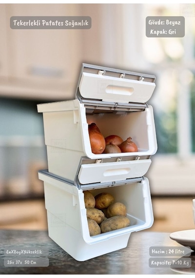 2 Li Gri Tekerlekli Sebzelik Patates Soğan Sepeti Modern Organizer Patateslik Basic Soğanlık 24 L Gri-beyaz