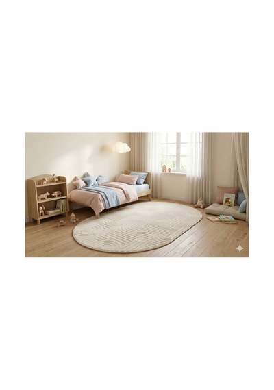Modern Oval Halı Bambu Dokulu Kaymaz Taban Yumuşak Salon Yatak Odası Halısı Krem
