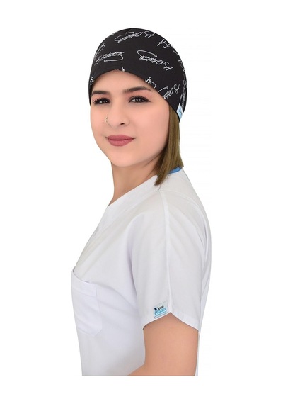 Unisex Siyah Atatürk Imza Desenli Cerrahi Bone Doktor Hastane Hemşire Bonesi