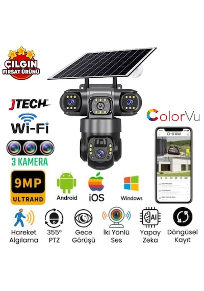 O-kam 6040 3mp+3mp+3mp 9mp Wi-fi Solar Panelli 3 Lens Alert Ptz Akllı Kamera