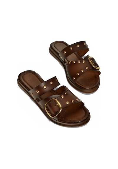 Fox Shoes Y390450703 Siyah Hakiki Deri Zımba Detaylı Kadın Terlik Kahverengi
