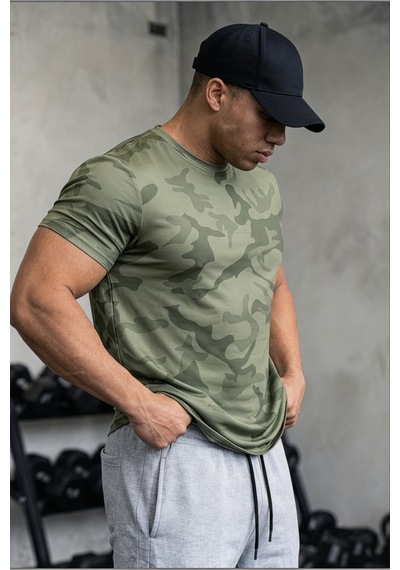 Serablanka Erkek Nem Emici Hızlı Kuruma Atletik Teknik Kamuflaj Desenli Spor T-shirt Haki