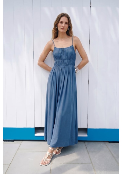 Sateen Askılı Uzun Elbise - İndigo-137496 Indigo Sateen Askılı Uzun Elbise - İndigo-137496 Indigo