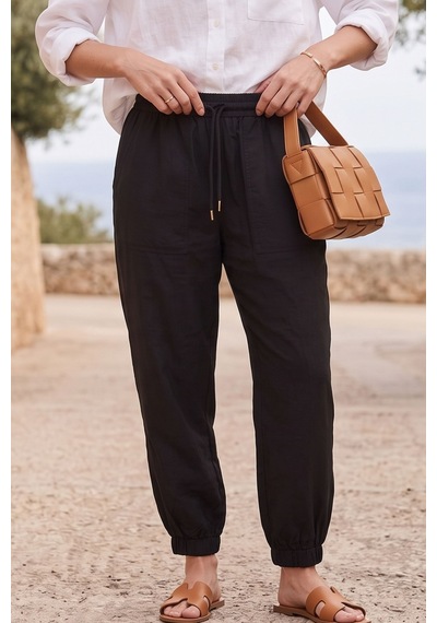 Kadın Siyah Beli Lastikli Jogger Pantolon Cepli Bağcıklı Rahat Kesim Spor Casual Yazlık Pantolon