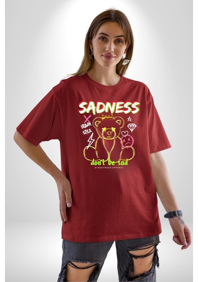 Üzüntü Üzülme Pamuklu Bisiklet Yaka Unisex Oversize Boyfriend Dijital Baskılı Kırmızı T-shirt Kırmızı