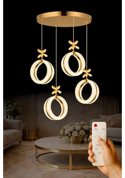Athena Model 4 Lü Gold Kaplama 3 Renk Kumandalı Salon Mutfak Oturma Yatak Odası Modern Led Avize Sarı