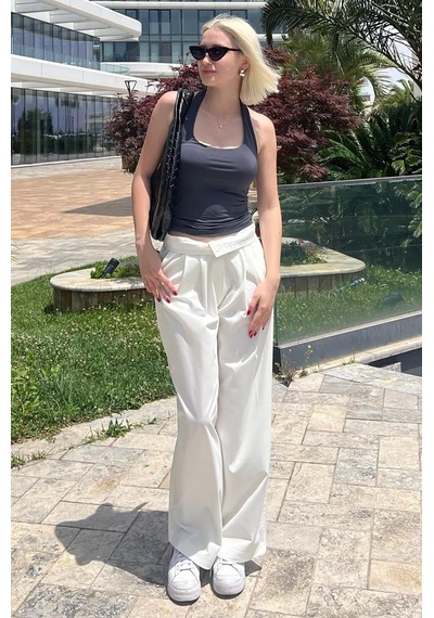 Madmext Beyaz Yüksek Bel Rahat Kesim Bol Paça Pantolon Mg2120-beyaz Beyaz