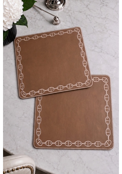 Nakışlı Deri Amerikan Servis 2'li Set Çift Taraflı Kare Supla 40x40 Cm Raya Kahve Gold Koyu Kahve