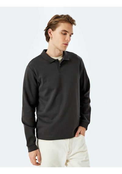 Koton Pamuklu İnterlok Kumaş Polo Yaka Sweatshirt Antrasit 5sam70003mk Antrasit