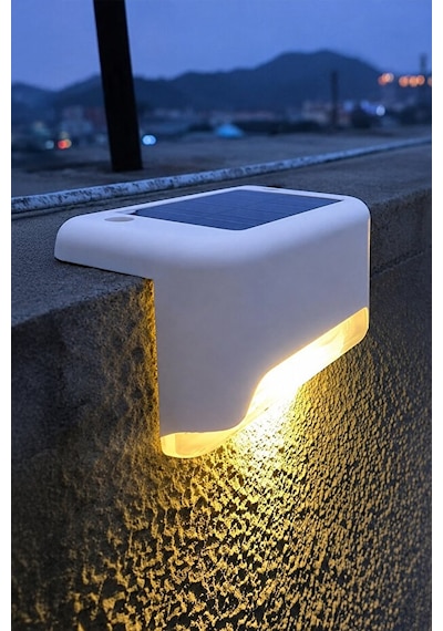 Beyaz Solar Güneş Enerjili Köşebent Merdiven Veranda Bahçe Led Lamba Dekoratif Dış Mekan Aydınlatma
