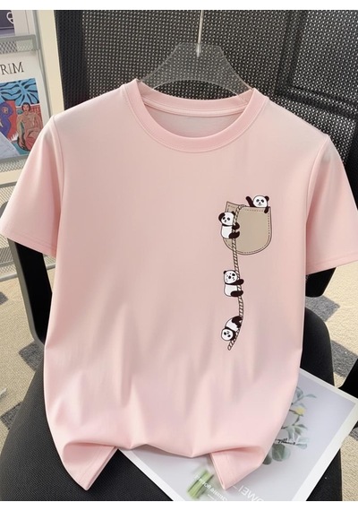 Sevimli Panda Grafikli İpli Cep Detaylı Kısa Kollu Oversize Unisex Bisiklet Yaka Tişört Pembe