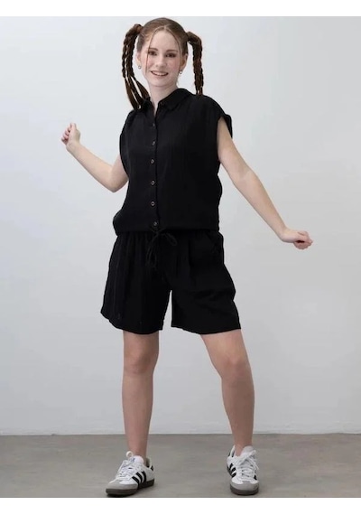Zekids Kız Çocuk Müslin Şortlu Takım-15785 Siyah Zekids Kız Çocuk Müslin Şortlu Takım-15785 Siyah