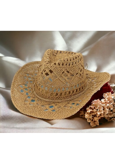 Shopiolog Geniş Kenarlı Etnik Dokulu Uv Korumalı Hasır Kovboy Şapka Camel