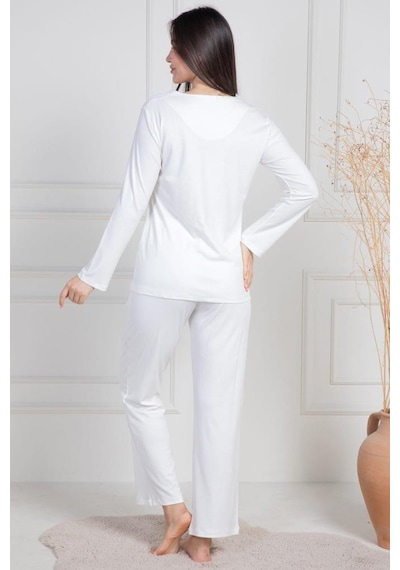 Mecit Pijama Mecit 6104 Bayan Ekru Büyük Beden Uzun Kollu Pijama Takımı Ekru