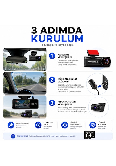 Hpytech 4k Ultra Hd Mini Araç Kamerası Ön Ve Arka Çift Kameralı Wifi Gps Destekli Gece Görüşlü 64gb Hafıza Kartlı G-sensörlü Araç İçi Kamera