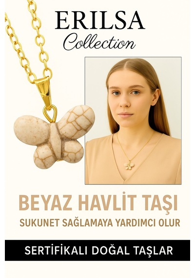 Erilsa Sertifikalı Altın Renkli Kelebek Model Havlit Taşı Kolye Huzur, Çok Renkli