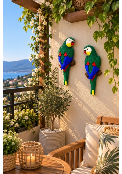 Amazon Papağan Çifti Duvar Süsü Balkon, Bahçe Ve Teras Dekoru Yeşil