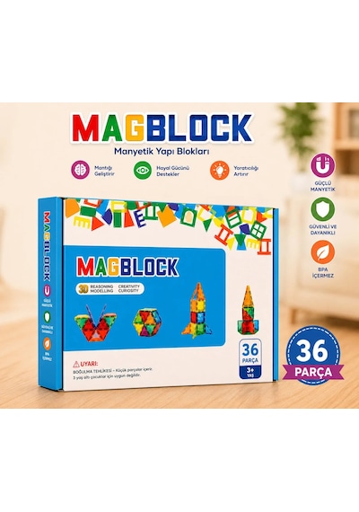 36 Parça Manyetik Yapı Blokları - Tamamı Mıknatıslı - Destekleyici Set - Tüm Modellerle Uyumlu.