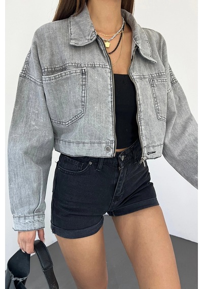 Gri Çift Cepli Fermuarlı Yıkamalı Crop Denim Ceket Bcdf-235410 Çok Renkli