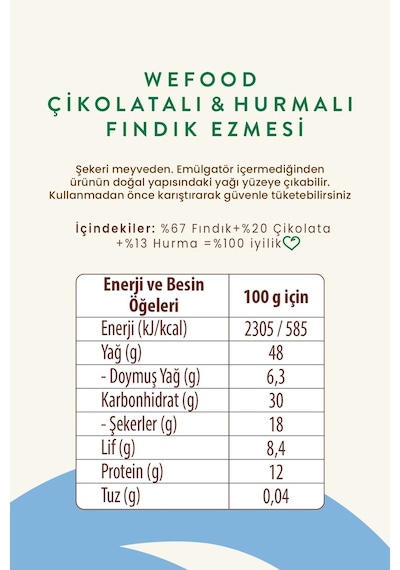 Wefood Çikolatalı Hurmalı Fındık Ezmesi (Katkısız) 200 gr