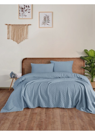 BedLine Cambrıdge Yatak Örtüsü Seti Çift Kişilik Mavi Kutulu Mavi