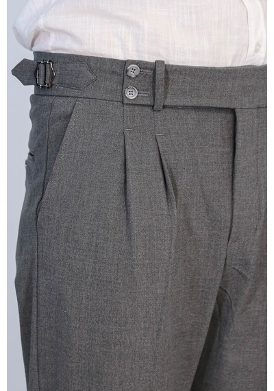 Antrasit Çift Pileli Tokalı Yüksek Bel Slim Fit Pantolon Wessi Füme