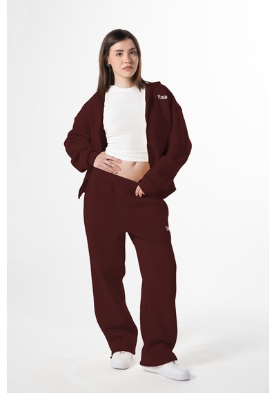Flaw Nakışlı Zip Hoodie-28826 Bordo