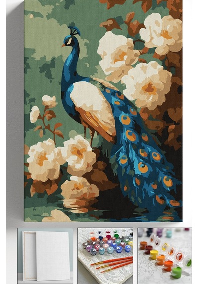 Sayılarla Boyama Seti Numaralı Tuval Fırça Boya Askı Aparatı Dahil Set 40x50 Cm - Çiçekli Tavus Kuşu