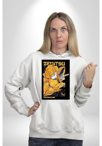 Zenitsu Agatsuma Anime Kadın Erkek Beyaz Kapüşonlu Sweatshirt Hoodie Beyaz