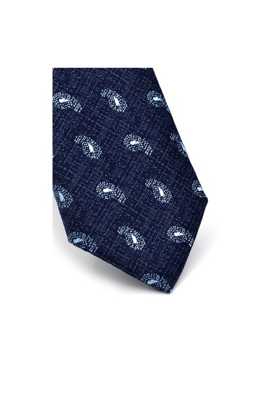 Gaffy Mavi Şal Desenli Lacivert Dokuma Kumaş Mendilli Slim Fit Kravat // Sdk-240808 Desenli