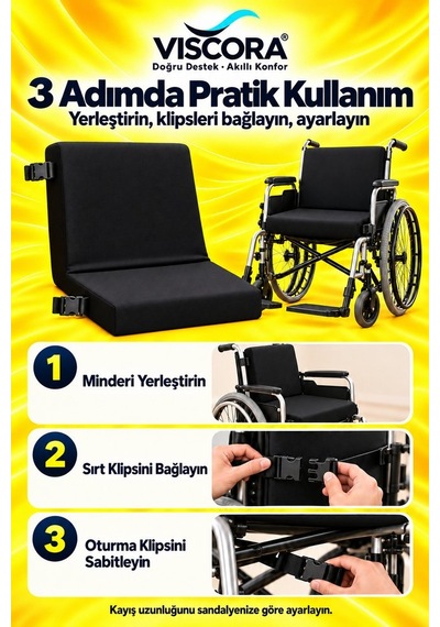 Tekerlekli Sandalye Minderi Tek Parça Visco Destek Ve Oturma Minderi, Klipsli Siyah