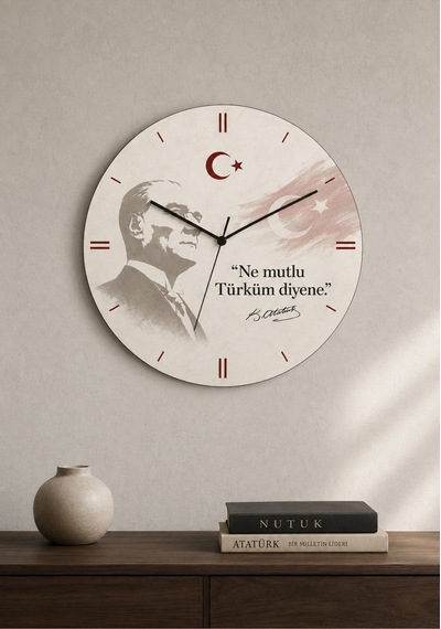 AA Shop Atatürk Temalı Baskılı Dekoratif Baskılı Ahşap Duvar Saati Sessiz Akar Mekanizmalı 807 Çoklu Renkli