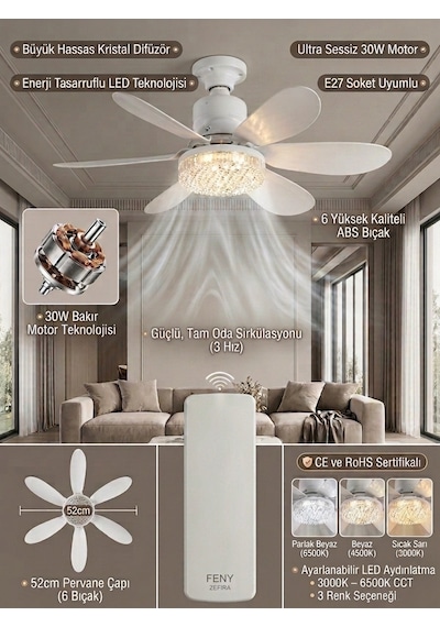 Crystal Aura 52 Cm Ultra Sessiz Led Tavan Vantilatörü 3 Kademeli Bakır Motor Kumandalı Kristal Avize Vantilatör