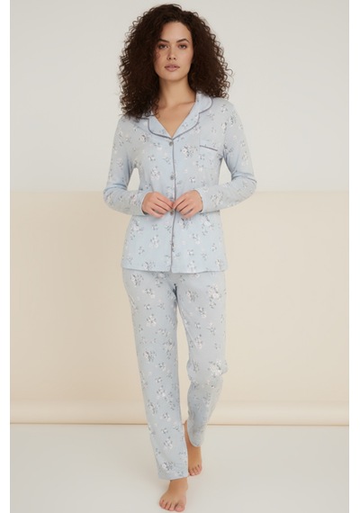 Luxury Viscose Mavi Çiçek Desenli Kadın Uzun Kollu Pijama Takımı 42550 Turkuaz
