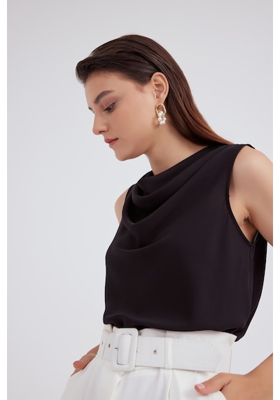 Sateen Degaje Yaka Kolsuz Bluz - Siyah-128848 Siyah