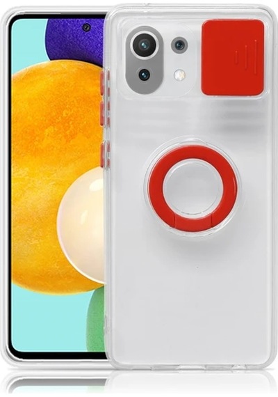 Xiaomi Mi 11 Lite Kılıf Sürgülü Kamera Lens Korumalı Yüzük Standlı Silikon Kılıf- 5775 Şeffaf