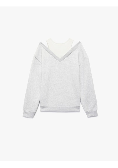 Koton Katmanlı V Yaka Uzun Kollu Pamuklu Şardonlu Sweatshirt Gri Melanj 7wkg10051ak