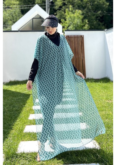 Remsa Tesettür Mayo Üzerine Desenli Tek Kaftan Pareo 430-306 Mint Mint Yeşili