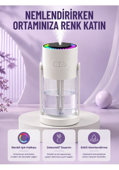 Sessiz Hava Nemlendirici Renkli Gece Işıklı Otomatik Kapanma Özellikli Nemlendirme Cihazı - Lisinya