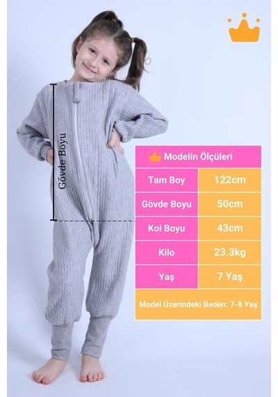Babyhola 2-8 Yaş 1.5 Tog Kapitone Çocuk Uyku Tulumu Unisex Uzun Kollu Uyku Tulumu Gri