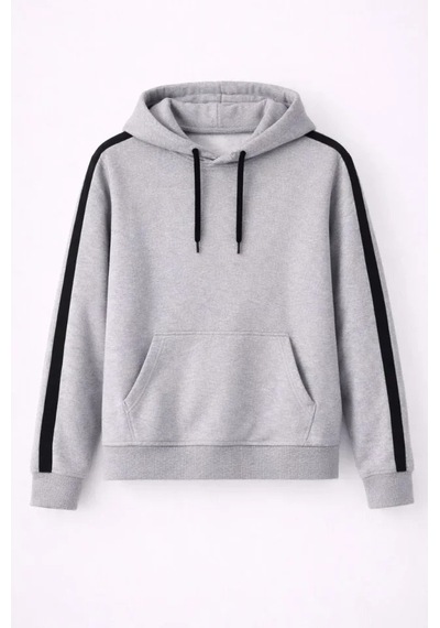 Valensdesign Erkek Şeritli Kapüşonlu Sweatshirt Oversize 3 Iplik Pamuklu - Gri