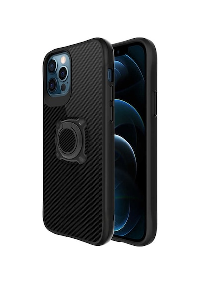 Apple Uyumlu iPhone 12 Pro Max Kılıf Yüzüklü Karbon Koruyucu Kapak