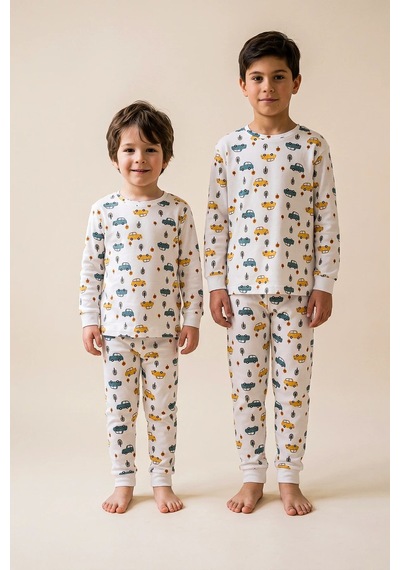 Zuzunga Araba Desenli %100 Pamuk Süprem Kumaş Erkek Bebek - Çocuk Pijama Takımı BEYAZ