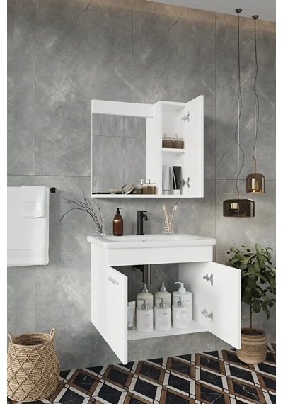 Banyo Defne 02 65 65 Cm %100 Mdf Banyo Dolabı Aynalı Dolaplı Üst Dolap Seramik Lavabo Beyaz Banyo Defne 02 65 65 Cm %100 Mdf Banyo Dolabı Aynalı Dolaplı Üst Dolap Seramik Lavabo Beyaz