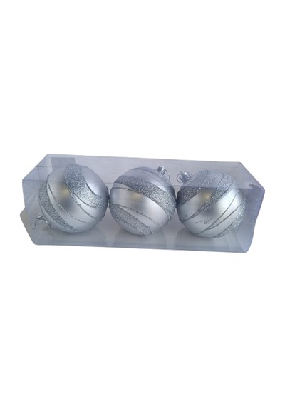 3 Adet Yılbaşı Ağacı Top Süsü 8 Cm - Simli Şeritli Gümüş Parlak Kaliteli Yılbaşı Dekorasyonu Seti Pvc Kutulu Set