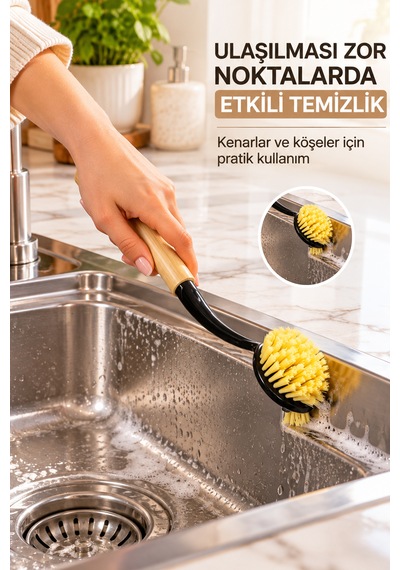 Porsima Bambu Saplı 2'li Bulaşık Ve Lavabo Temizlik Seti - Değiştirilebilir Paslanmaz Tel Bulaşık Fırçası & Çok Amaçlı Yıkama Fırçası Siyah