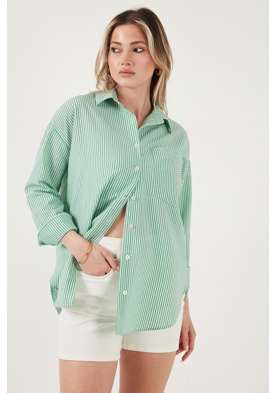 Lela Regular Fit Uzun Kollu Cepli Çizgili Bayan Gömlek 6772895 Benetton
