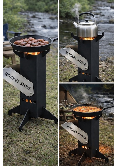 Roket Soba, Rocket Stove, Kamp Ocağı, Odunlu Kamp Sobası Çantalı Çok Renkli